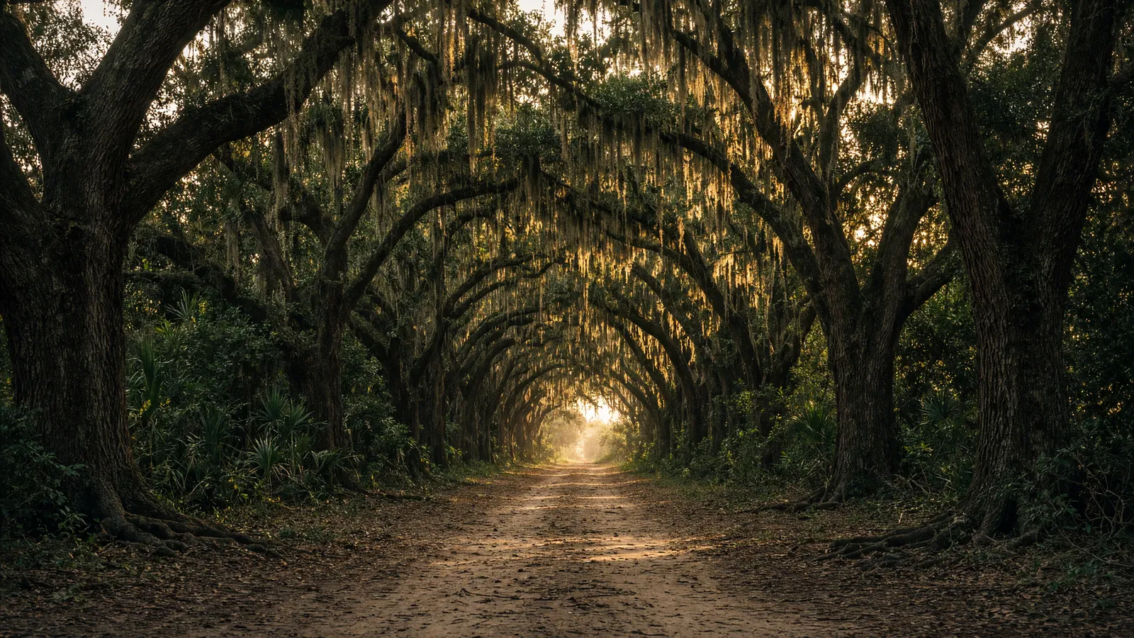 Empty Ashley River live-oak allée packed path, Dorchester County, South Carolina