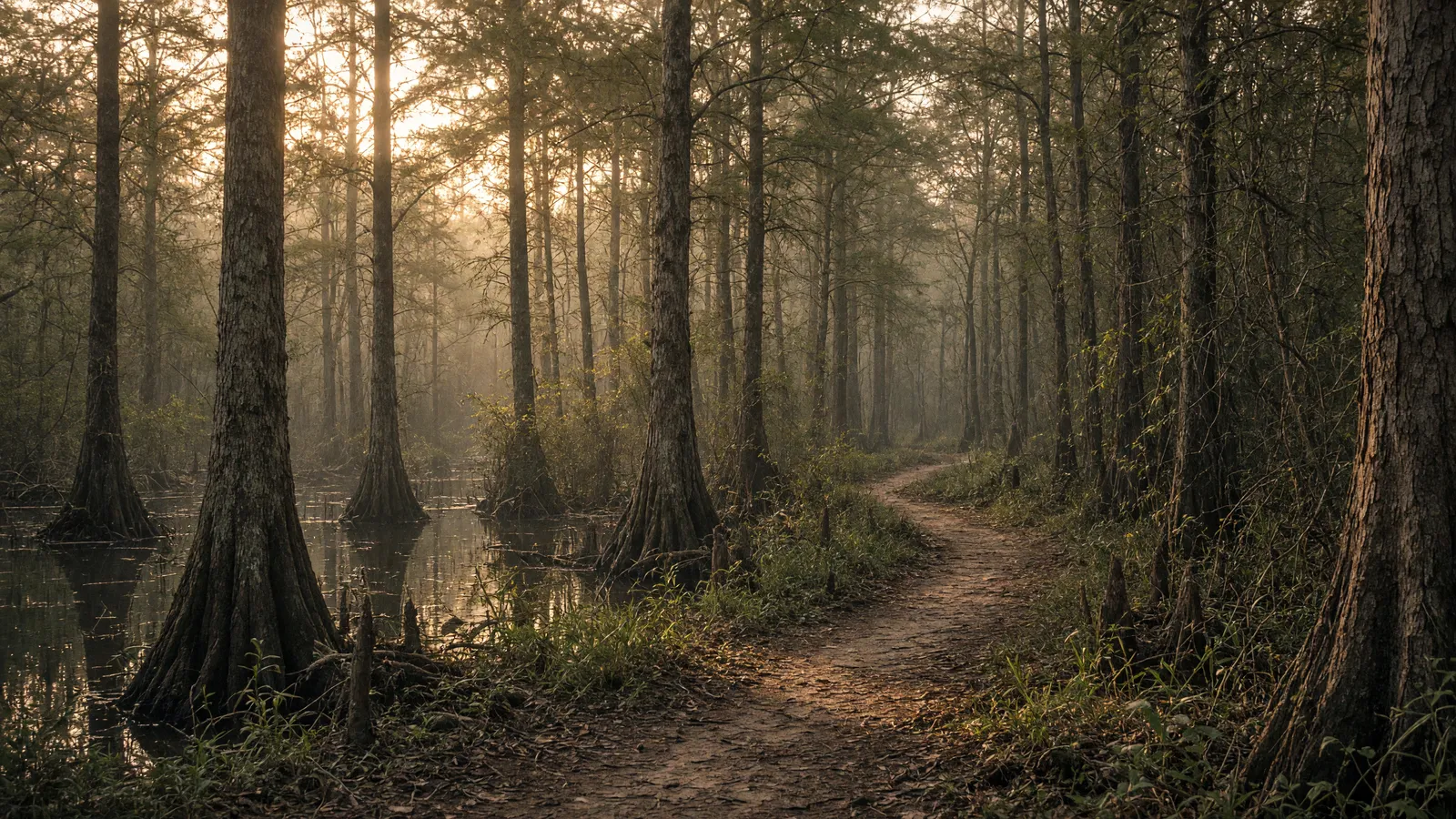 Empty Lynches River swamp packed path through cypress, Florence County, South Carolina