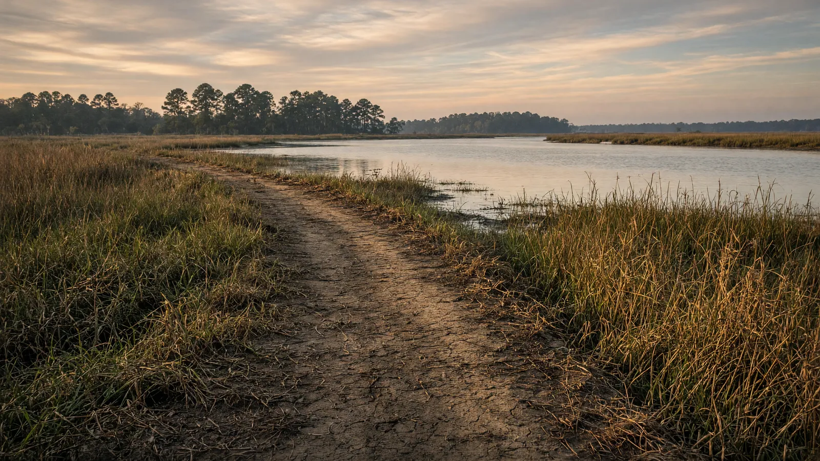 Empty Waccamaw rice-field dike packed path through marsh grass, Georgetown County, South Carolina