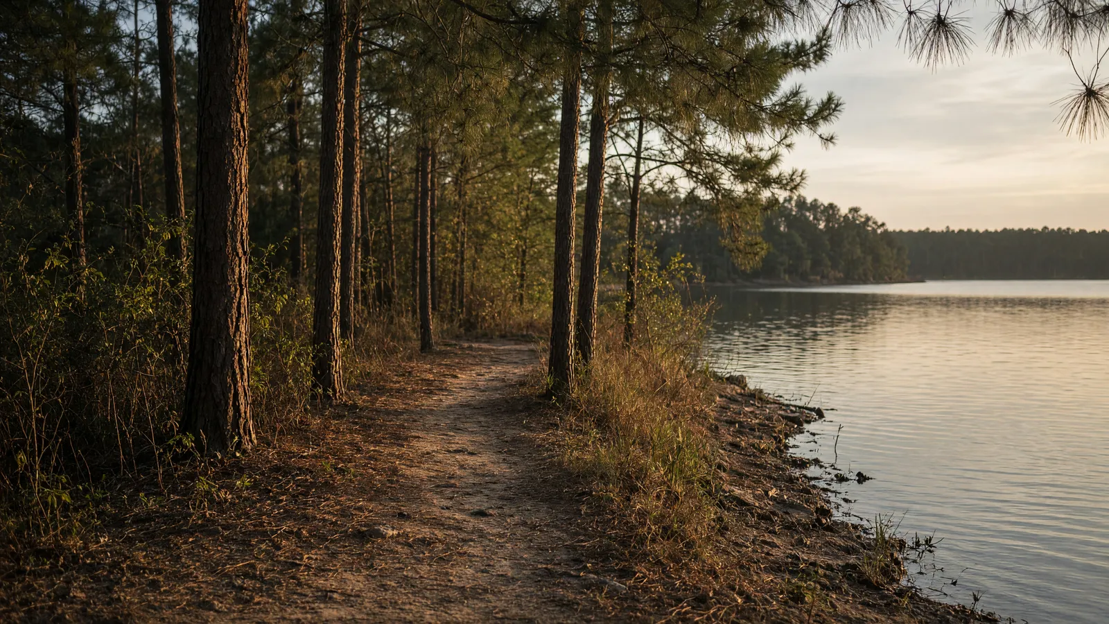 Empty Lake Greenwood shoreline packed path through pines, Greenwood County, South Carolina