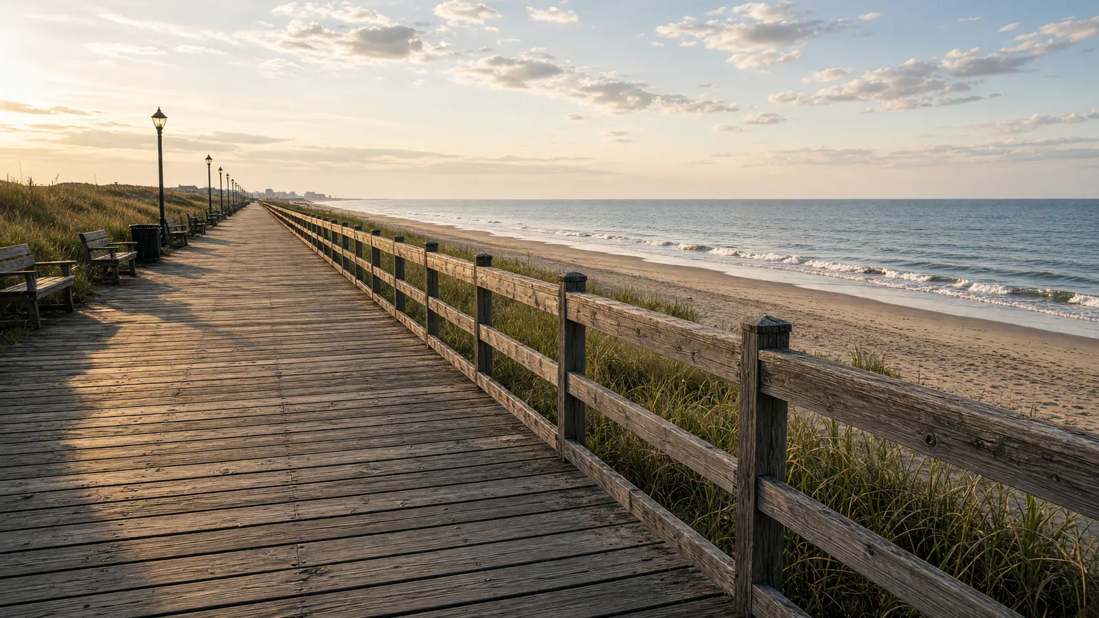 Empty Myrtle Beach boardwalk wood planks beside the Atlantic, Horry County, South Carolina