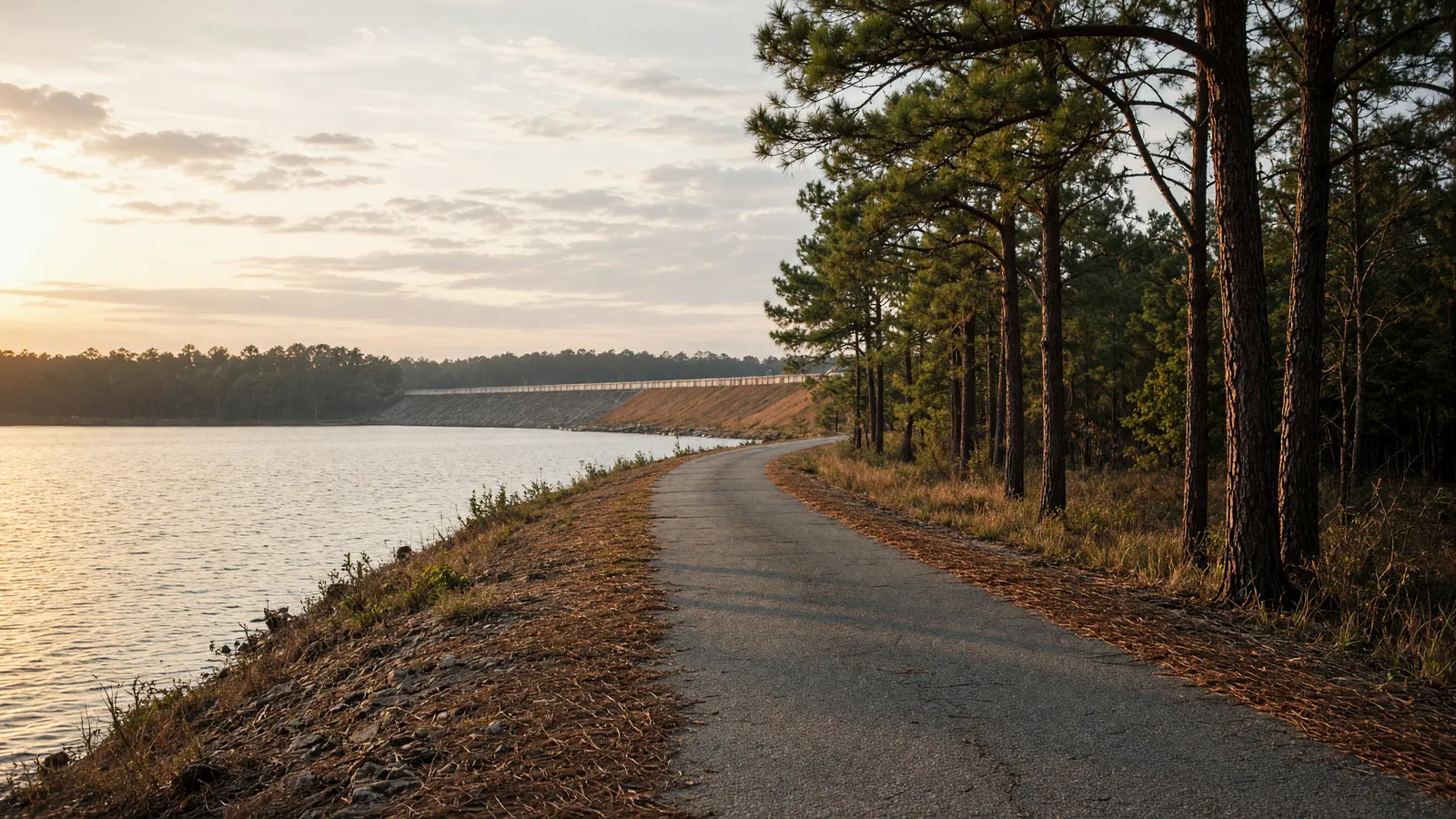 Empty Lake Murray shoreline paved path through pines, Lexington County, South Carolina