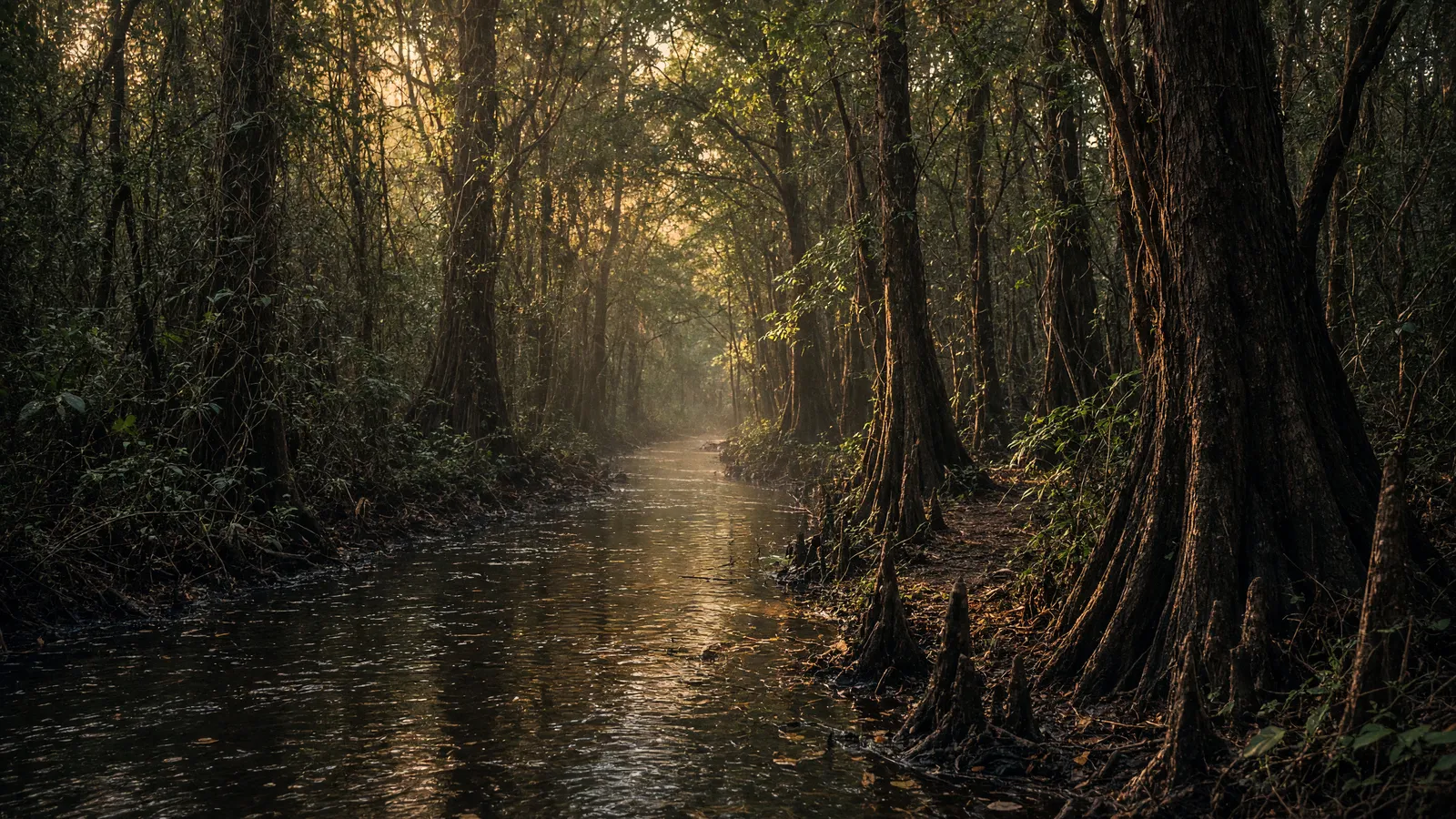 Empty Edisto River blackwater packed path through cypress swamp, Orangeburg County, South Carolina