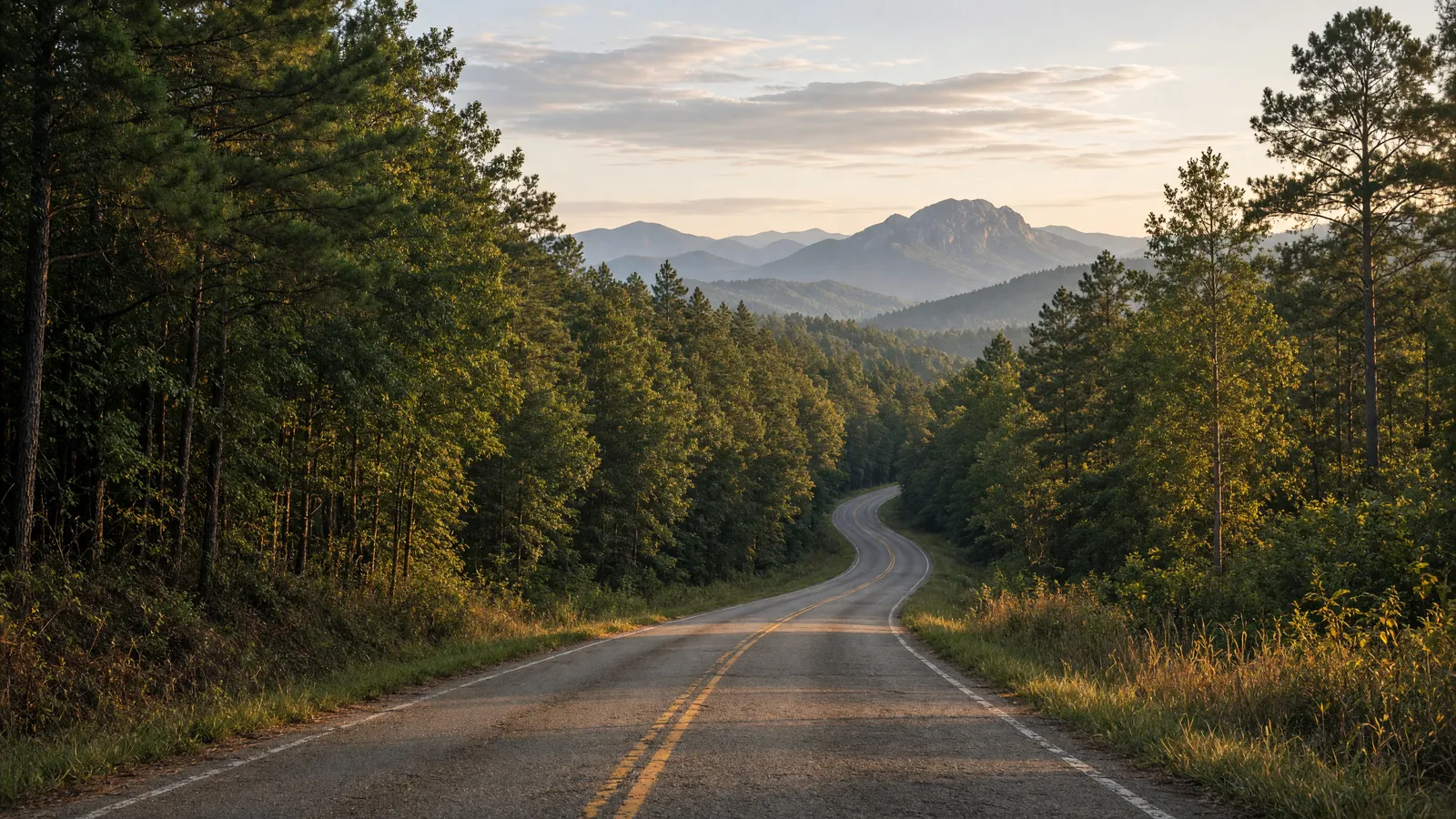 Empty Blue Ridge foothills two-lane toward Table Rock country, Pickens County, South Carolina