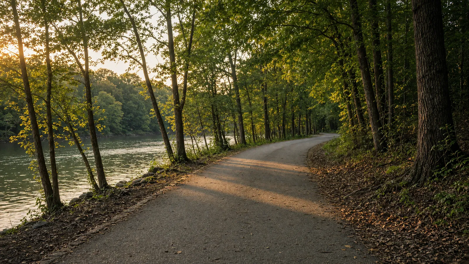 Empty Columbia Riverfront Park paved path along the Congaree River, Richland County, South Carolina