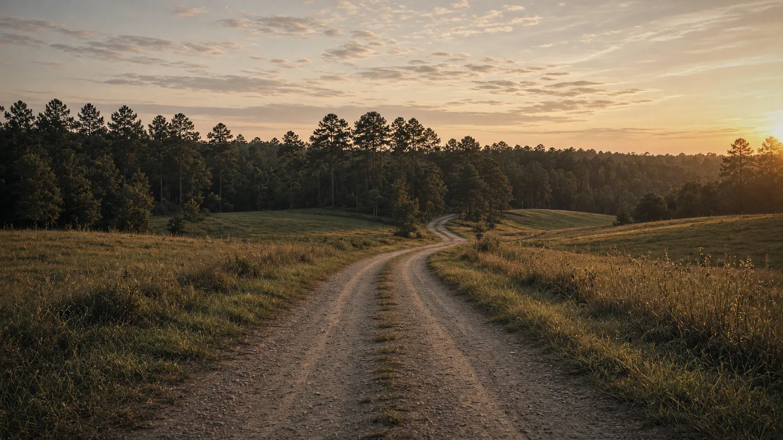 Empty Saluda River valley farm road through fields toward pines, Saluda County, South Carolina
