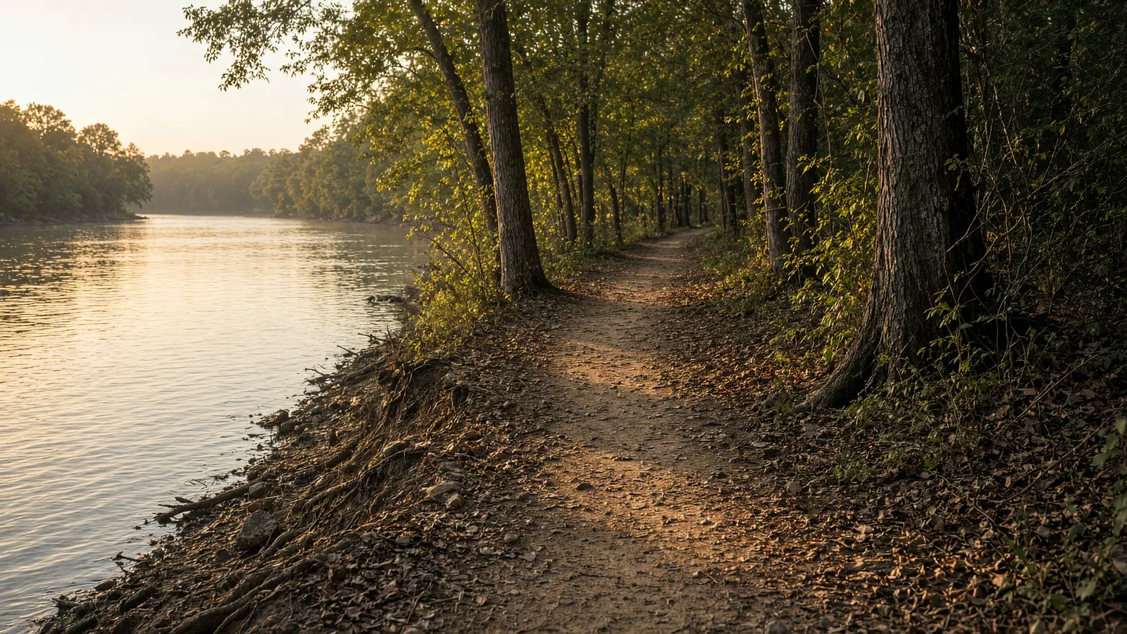 Empty Catawba River shoreline packed path through hardwoods near Rock Hill, York County, South Carolina