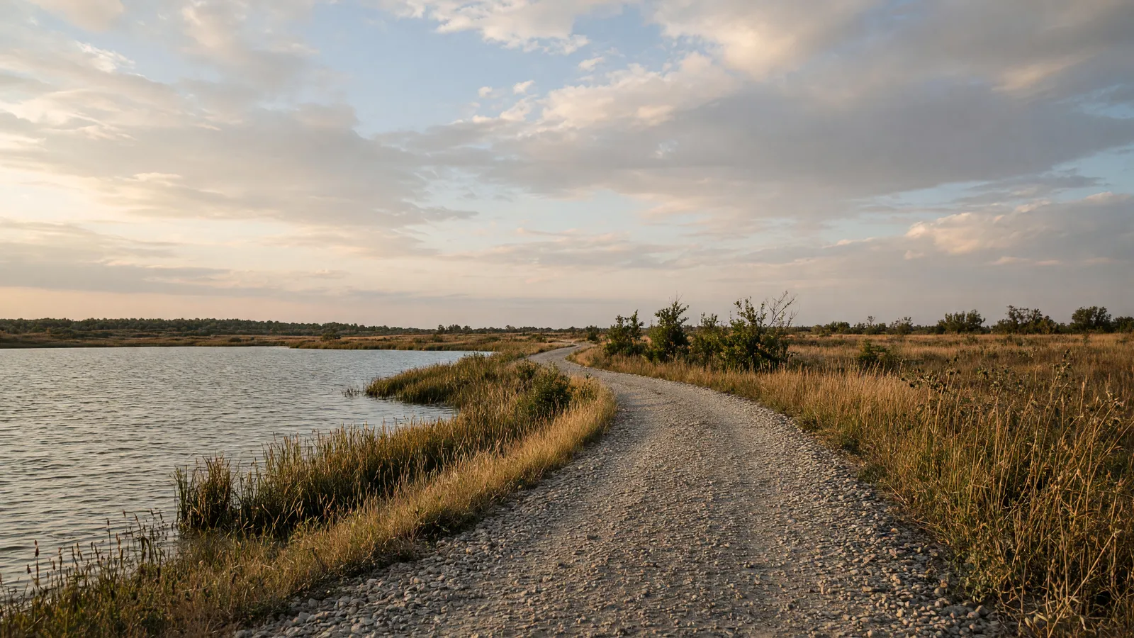 Empty crushed-gravel lakeside path at Dakota Nature Park near Brookings, Brookings County, South Dakota