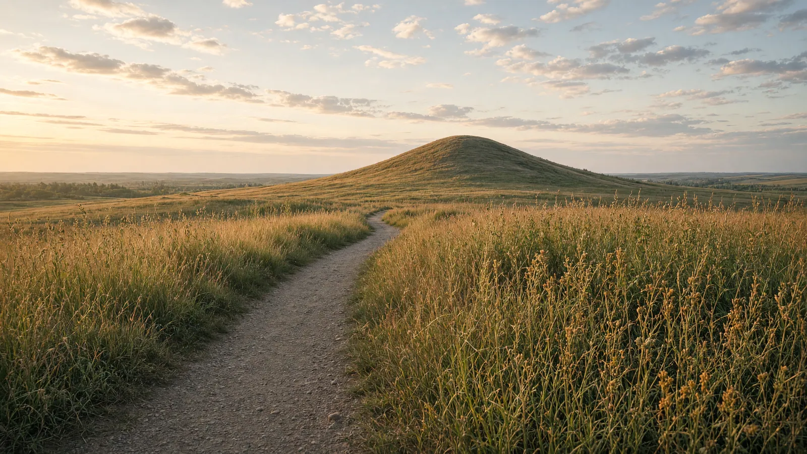 Empty Spirit Mound Historic Prairie footpath toward a conical hill near Vermillion, Clay County, South Dakota