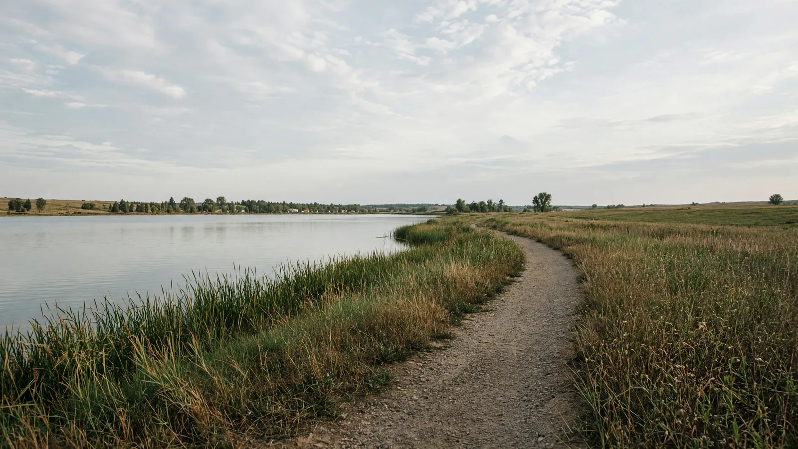 Empty Lake Mitchell shoreline path through prairie grass, Davison County, South Dakota