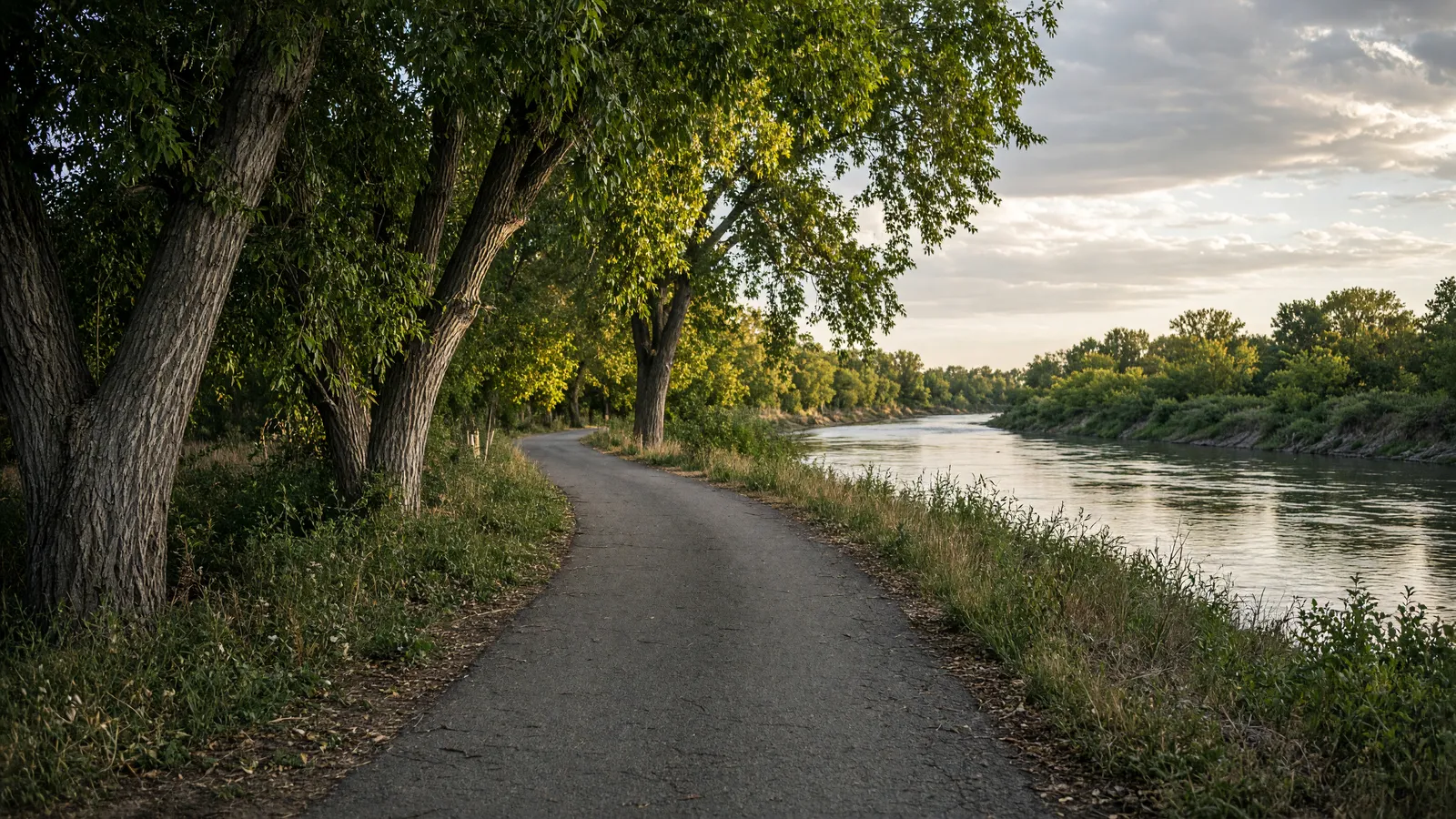 Empty Big Sioux River greenway paved path through cottonwoods near Sioux Falls, Minnehaha County, South Dakota