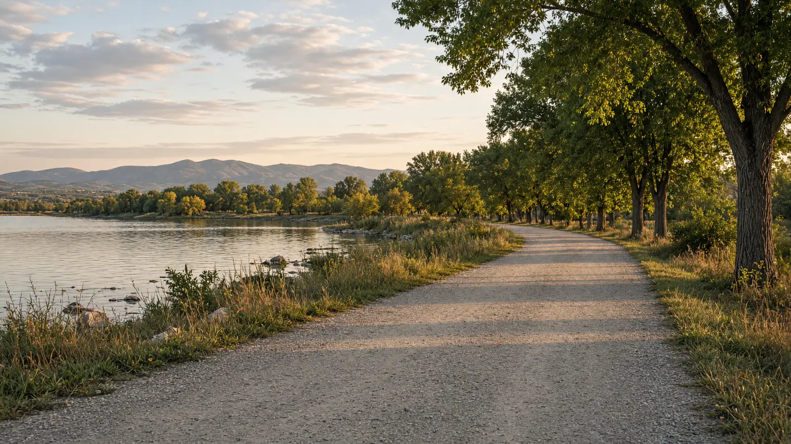 Empty Rapid Creek greenway path toward Black Hills foothills near Rapid City, Pennington County, South Dakota