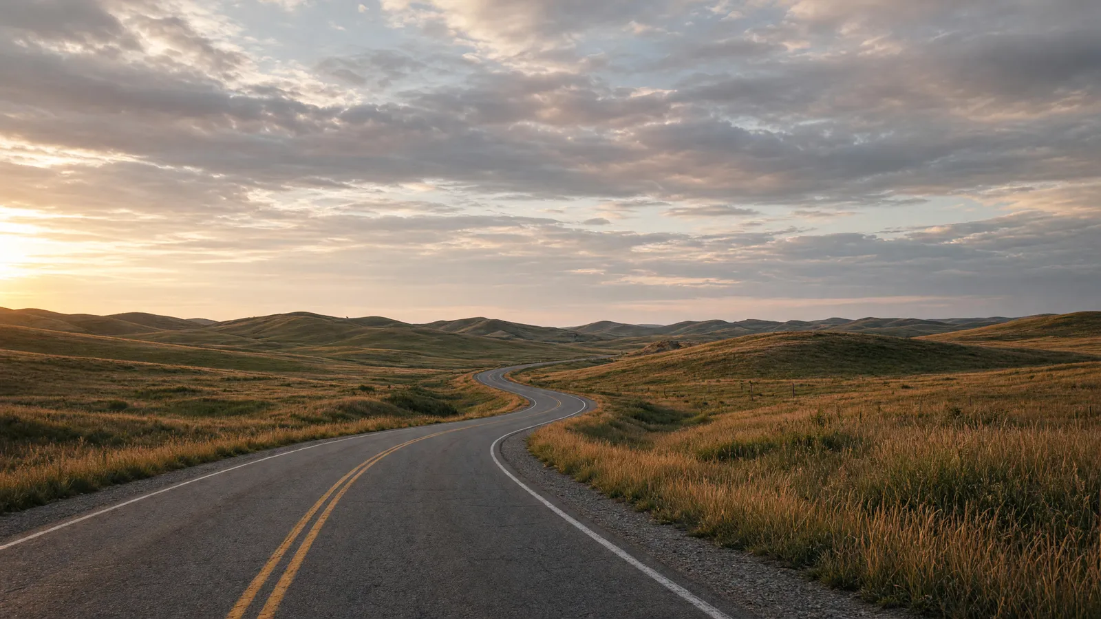 Empty prairie two-lane through ranchland near Winner, Tripp County, South Dakota