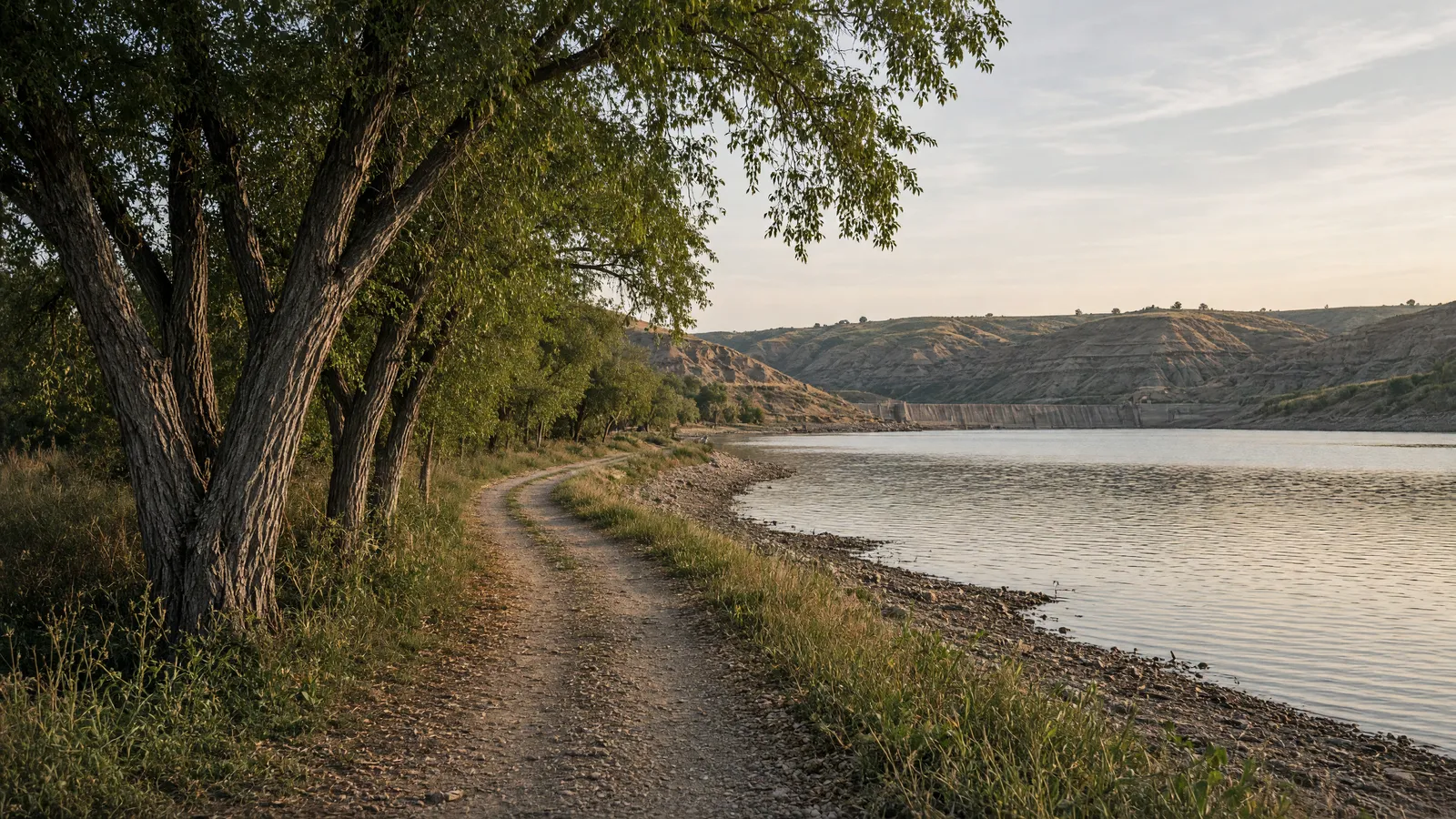 Empty Lewis and Clark Lake shoreline path toward Gavins Point Dam bluffs near Yankton, Yankton County, South Dakota