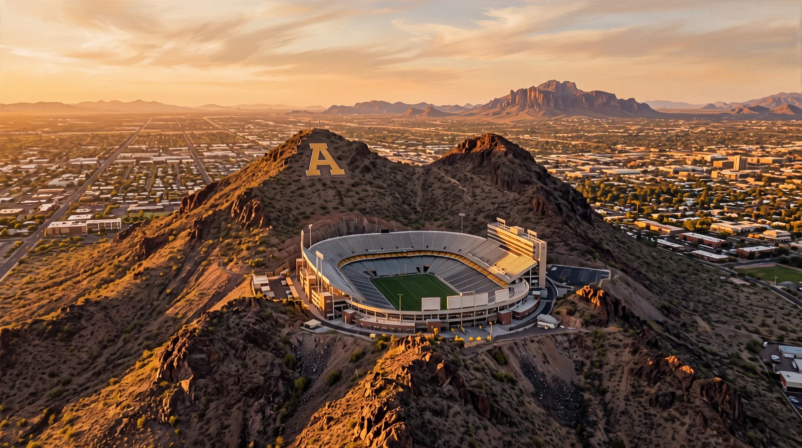Aerial view of A Mountain with its gold letter A and the football stadium set in the saddle between the butte's two peaks