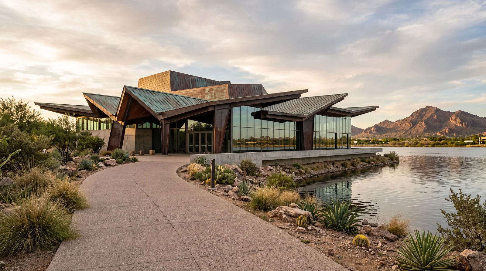 Tempe Center for the Arts with its folded steel and copper roof on the southwest shore of Tempe Town Lake