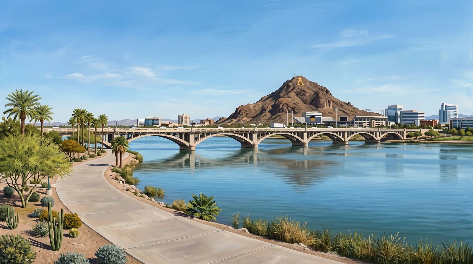 Tempe Town Lake with the ten-span Mill Avenue arch bridge crossing the water and A Mountain rising behind it