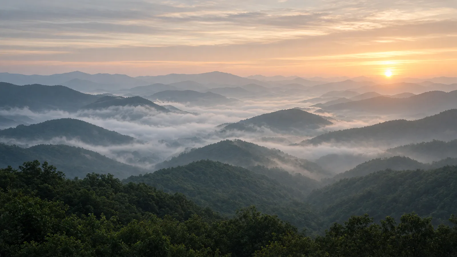 Great Smoky Mountains misty ridges at sunrise, Tennessee