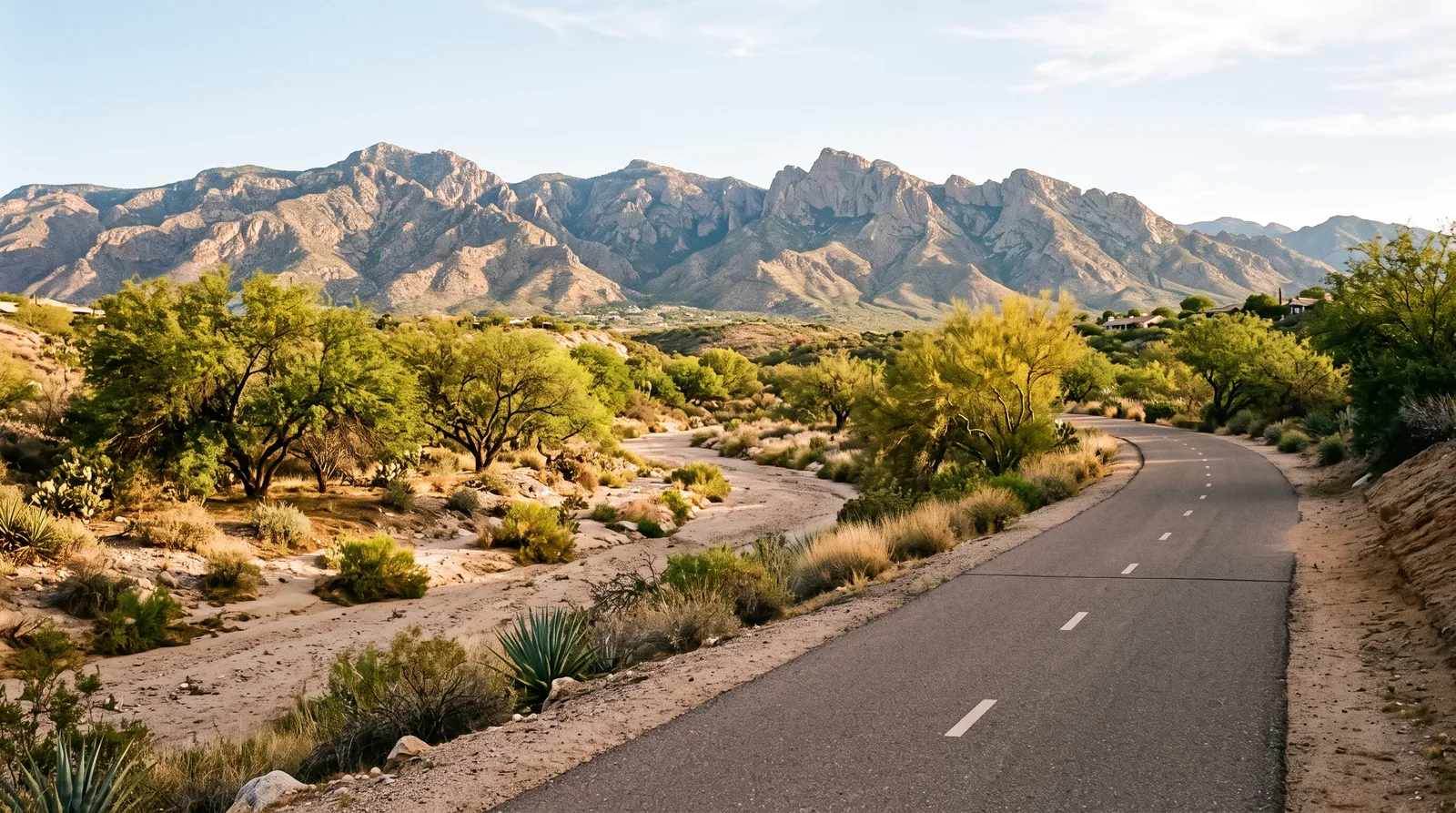 Wide paved shared-use path beside a dry desert river channel with mesquite trees and mountains behind