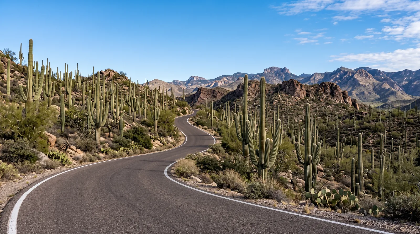 Narrow paved park road curving through a dense forest of tall saguaro cactus with rocky hills behind