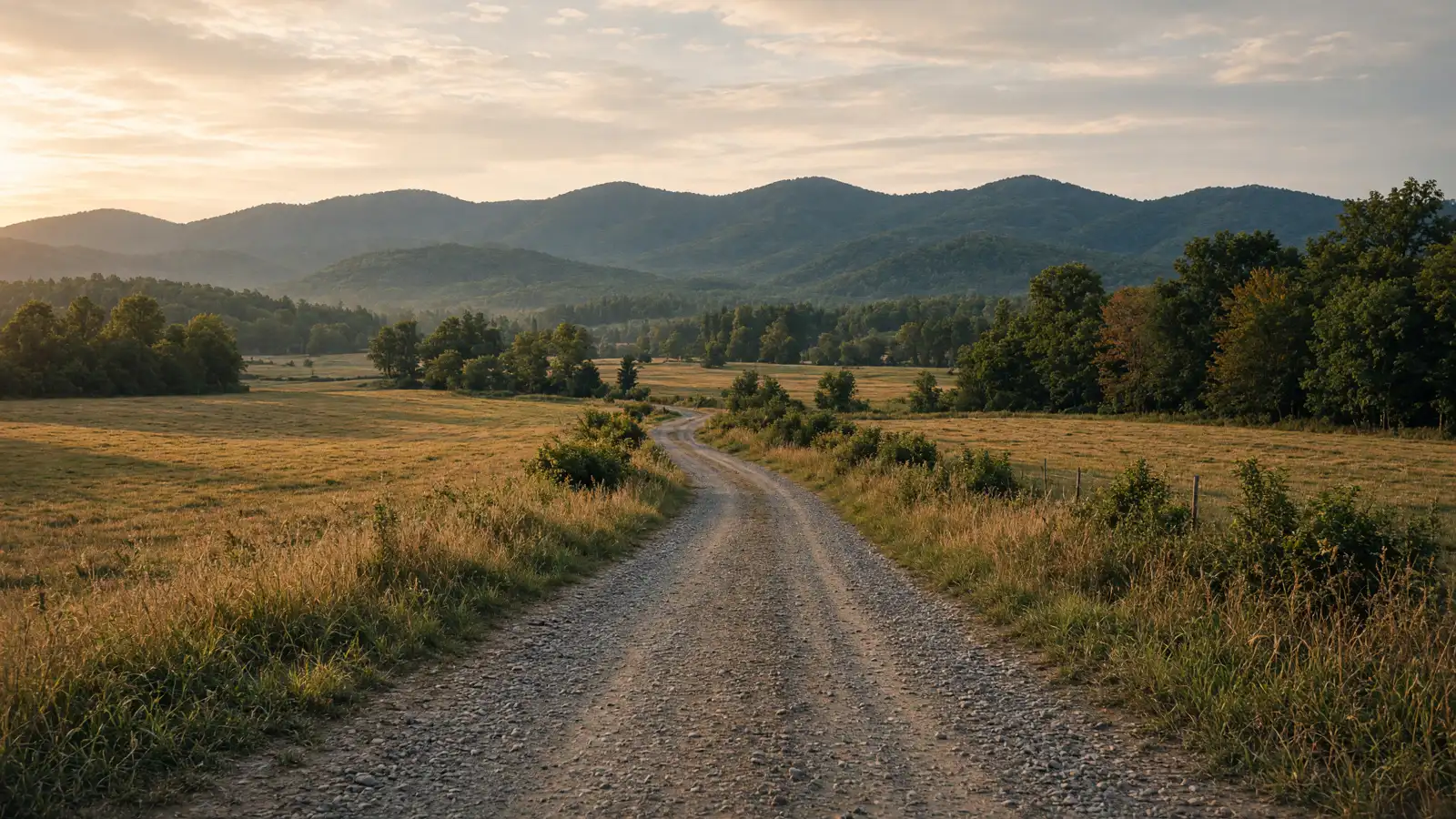 Otter Creek valley farmland and empty dirt-gravel corridor near Middlebury, Vermont