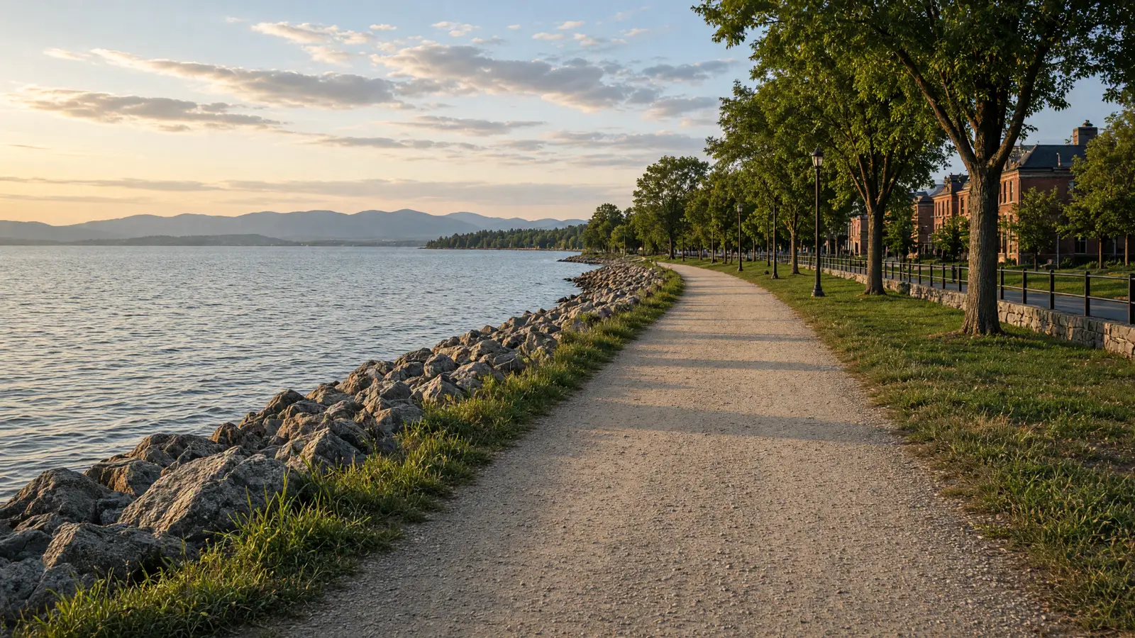 Lake Champlain causeway and empty shoreline corridor in Chittenden County, Vermont