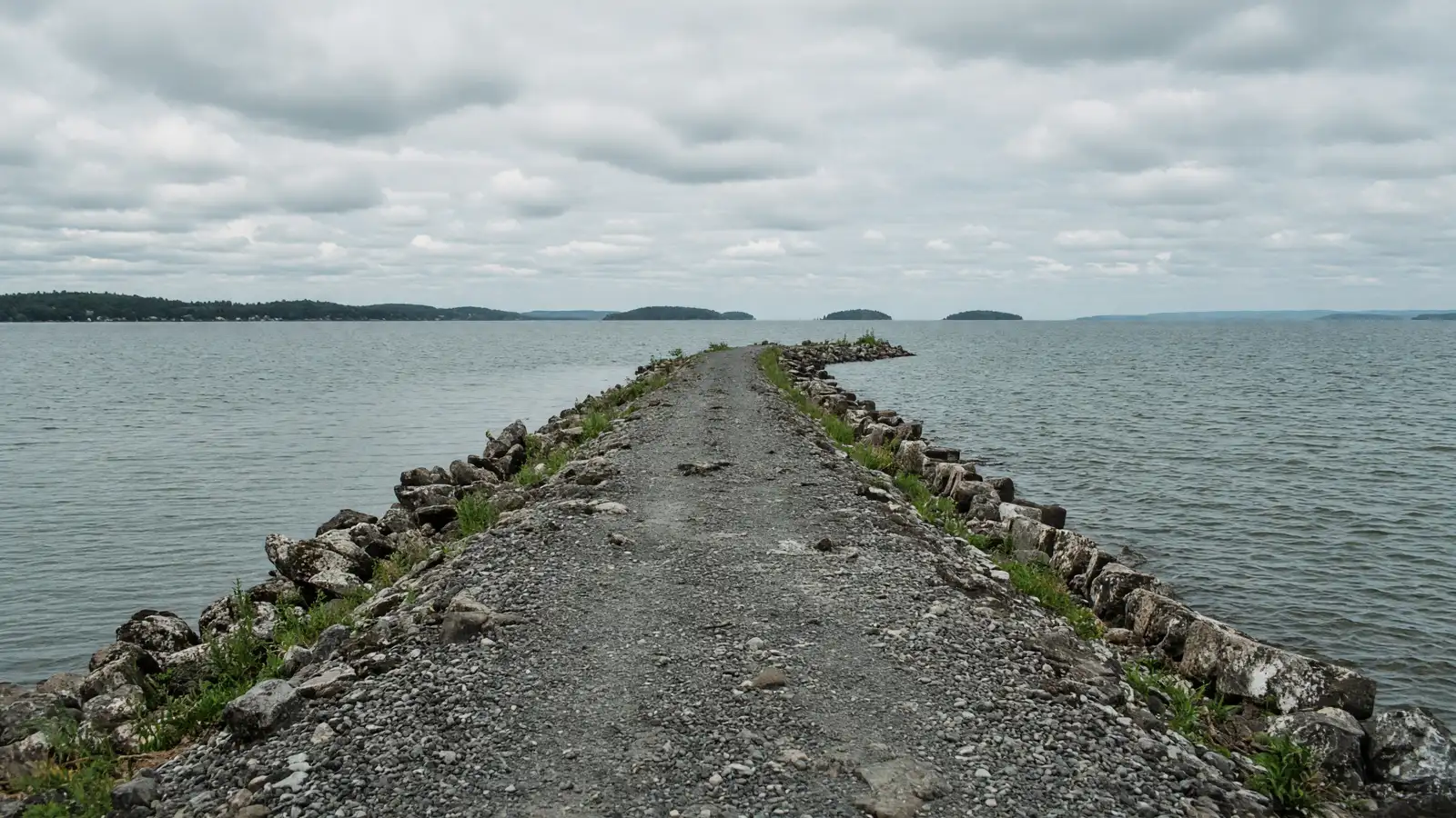 Lake Champlain causeway alignment and empty island shoreline in Grand Isle County, Vermont