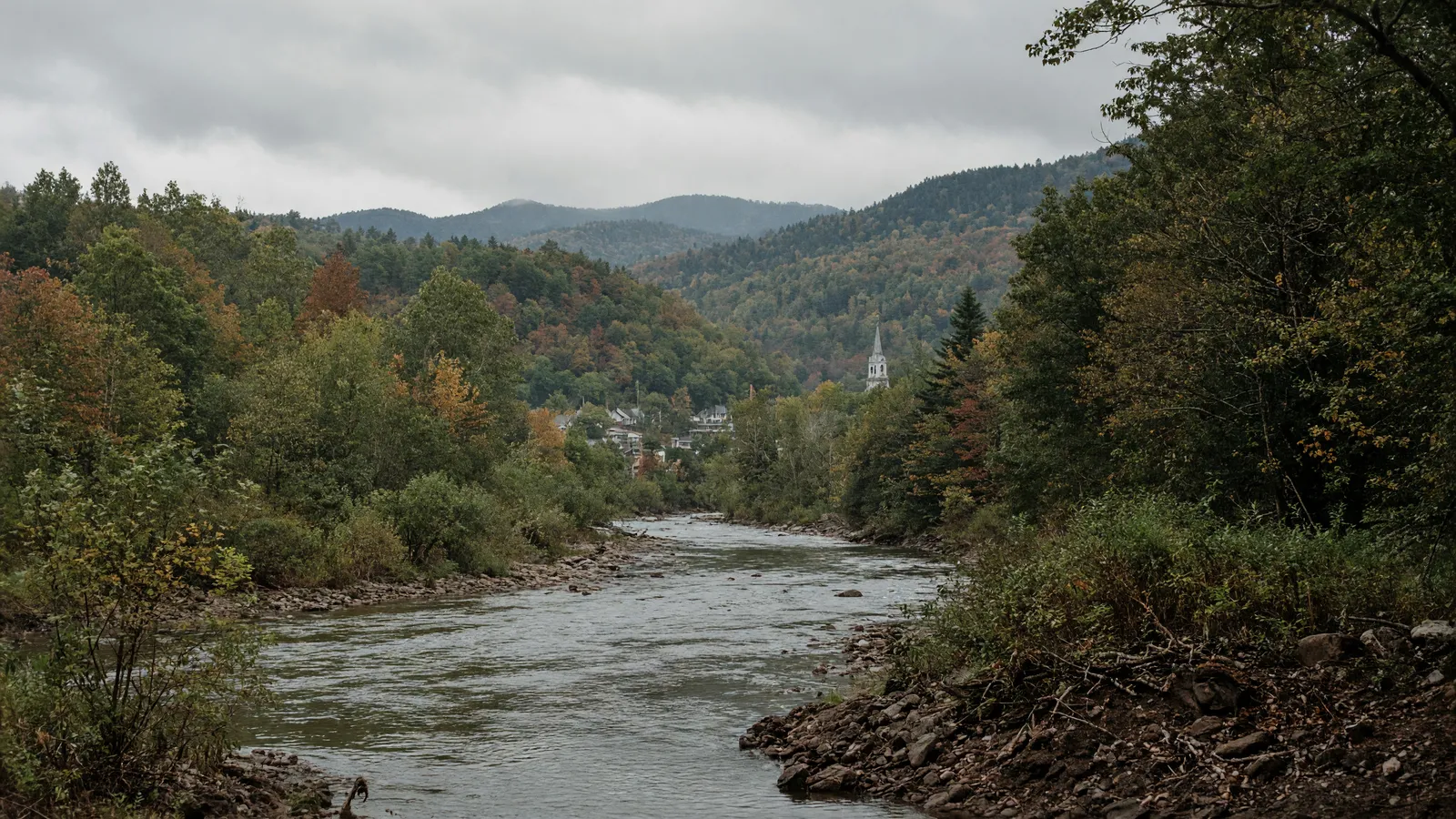 Empty capital-city river corridor and valley path in Washington County, Vermont