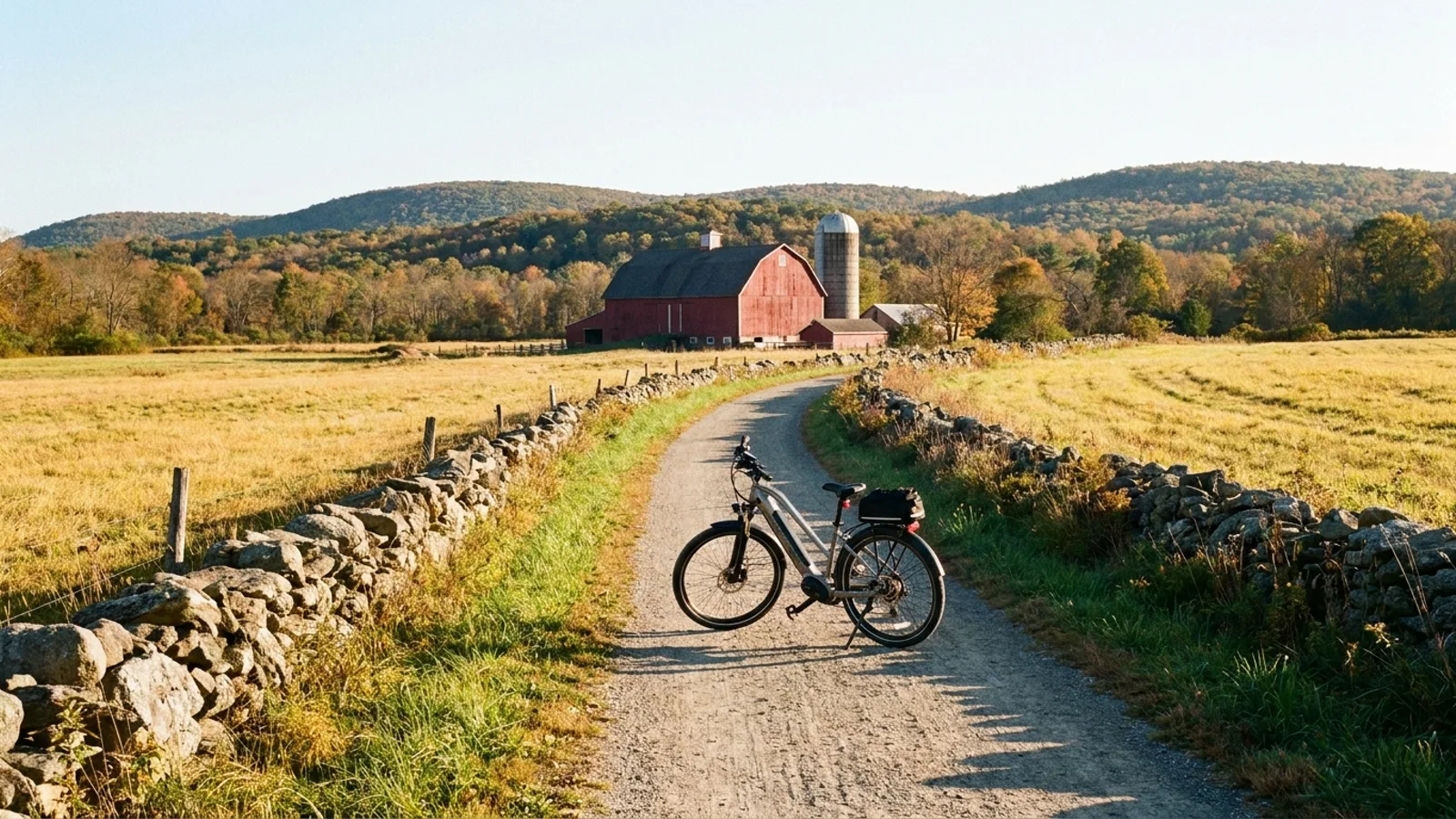 Electric bike on a packed stone rail-trail running between hayfields and stone walls with a red barn beyond in eastern Connecticut