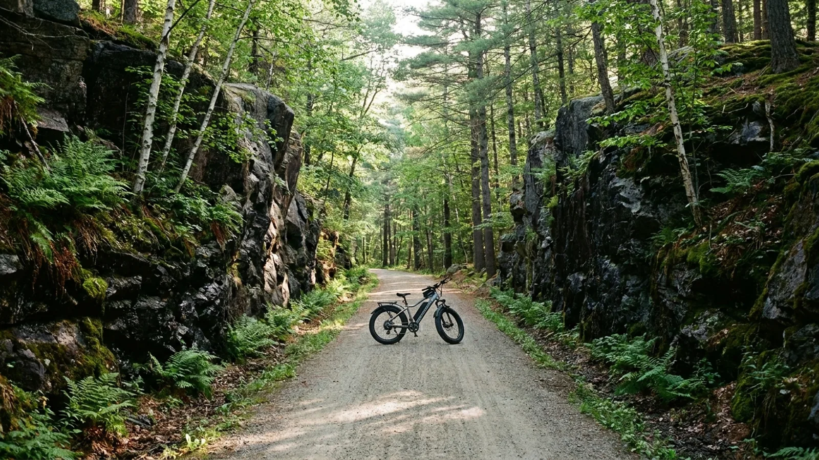 Electric bike on a packed stone rail-trail cutting through a high rock ledge in eastern Connecticut