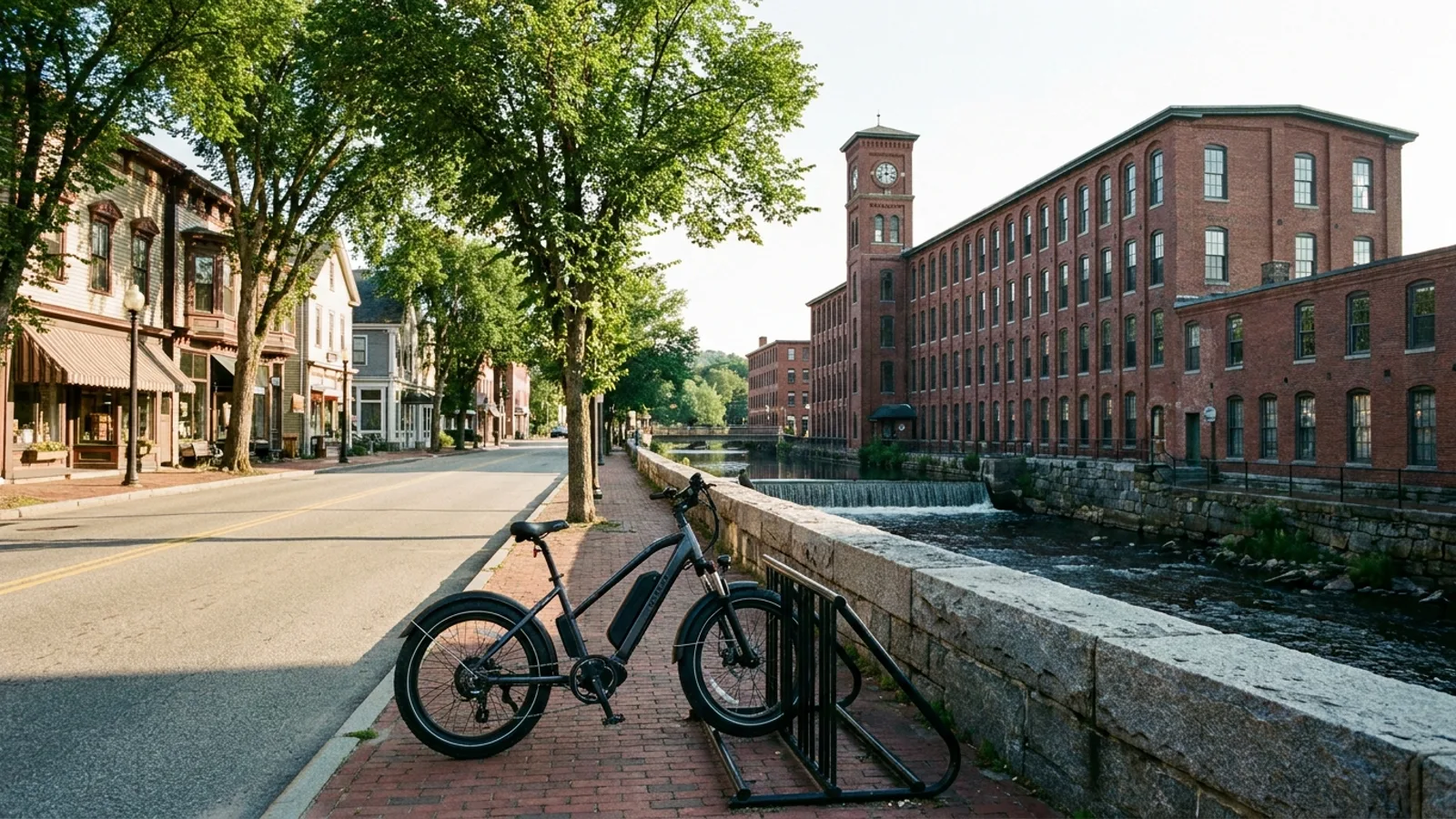 Electric bike at a rack on a nineteenth-century mill village main street with tall brick textile mills beside a river in Connecticut
