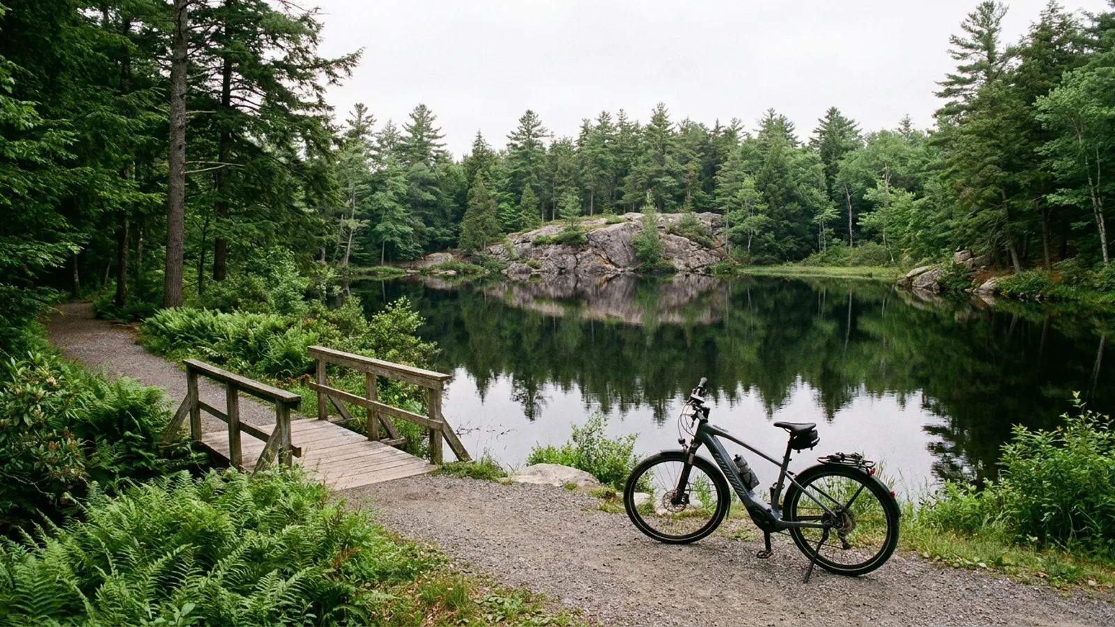 Electric bike on a gravel path beside a still wooded pond with a footbridge in a New England state park