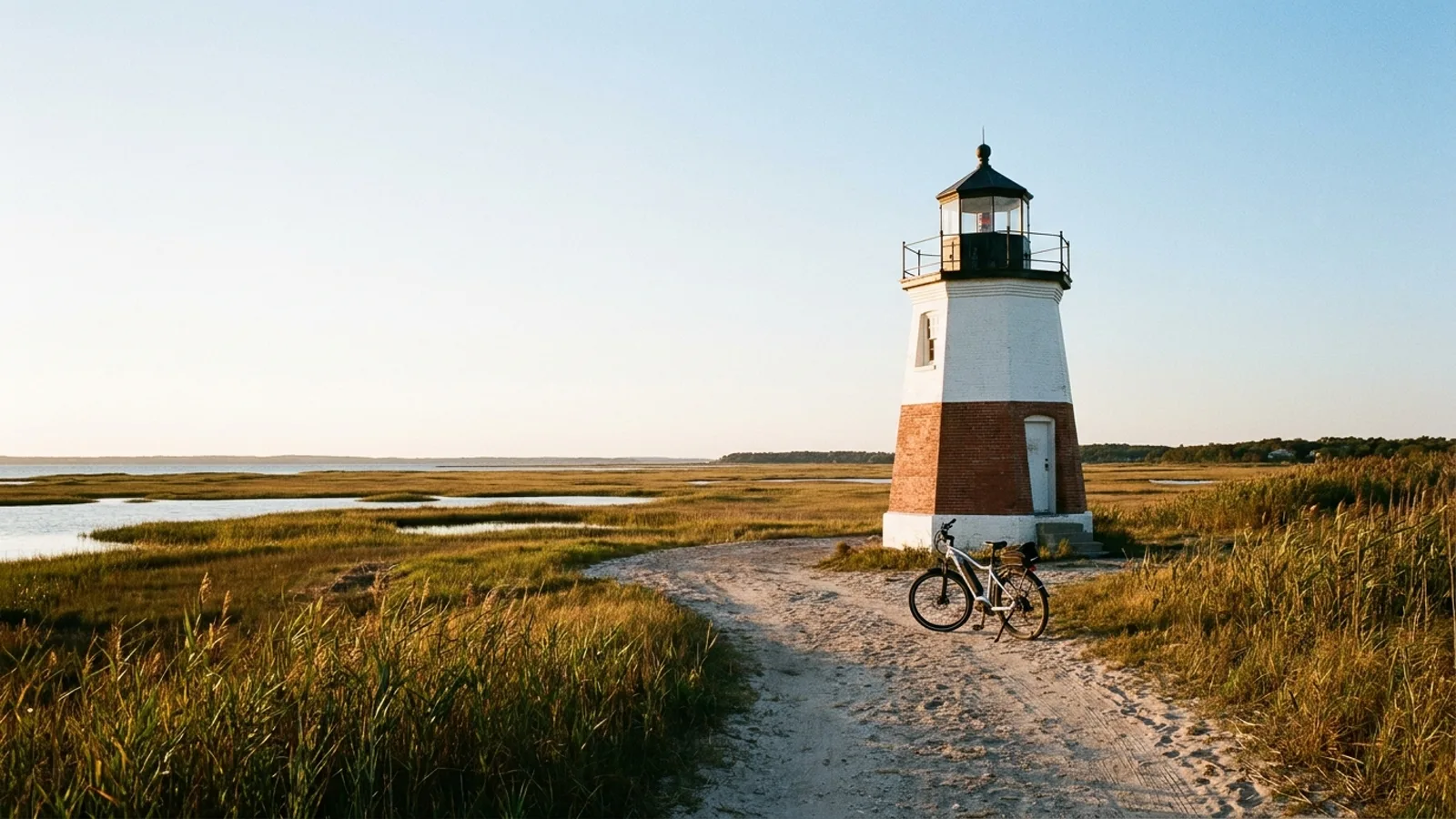 Electric bike on a sandy track leading through reeds to a small white and red brick lighthouse at the edge of a wide tidal salt marsh