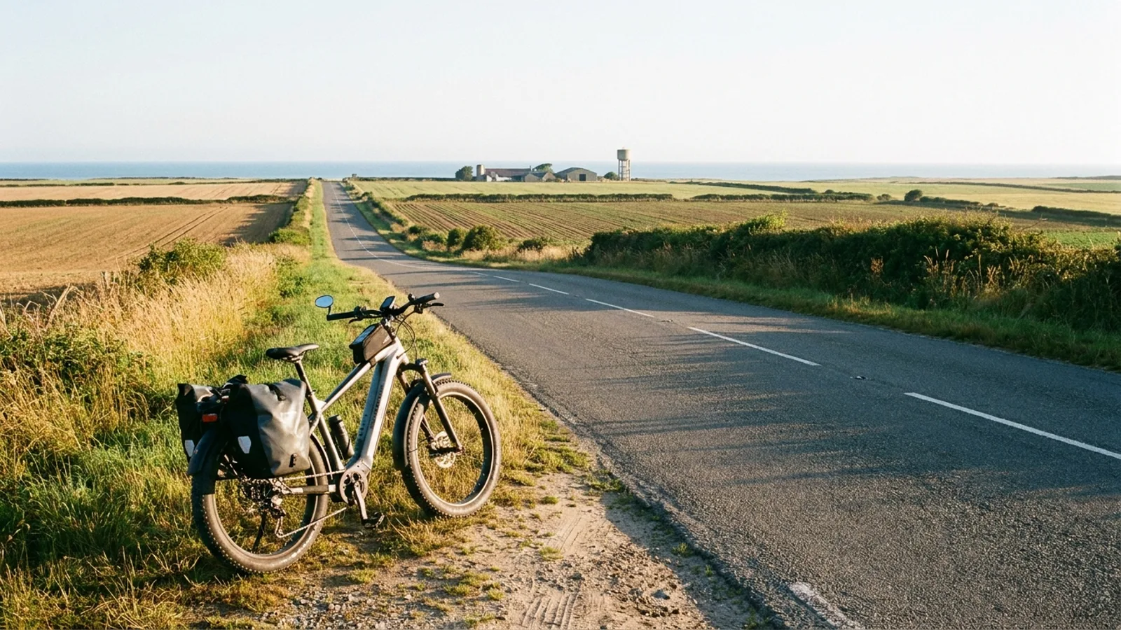 Electric bike at the roadside on a long straight flat rural road between cultivated fields in South Jersey