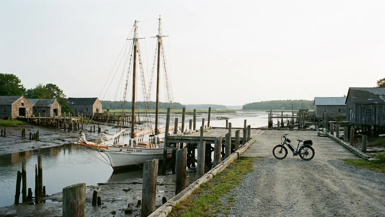 Electric bike on a wharf road beside a wooden two-masted oyster schooner moored at a weathered timber wharf with old shucking sheds