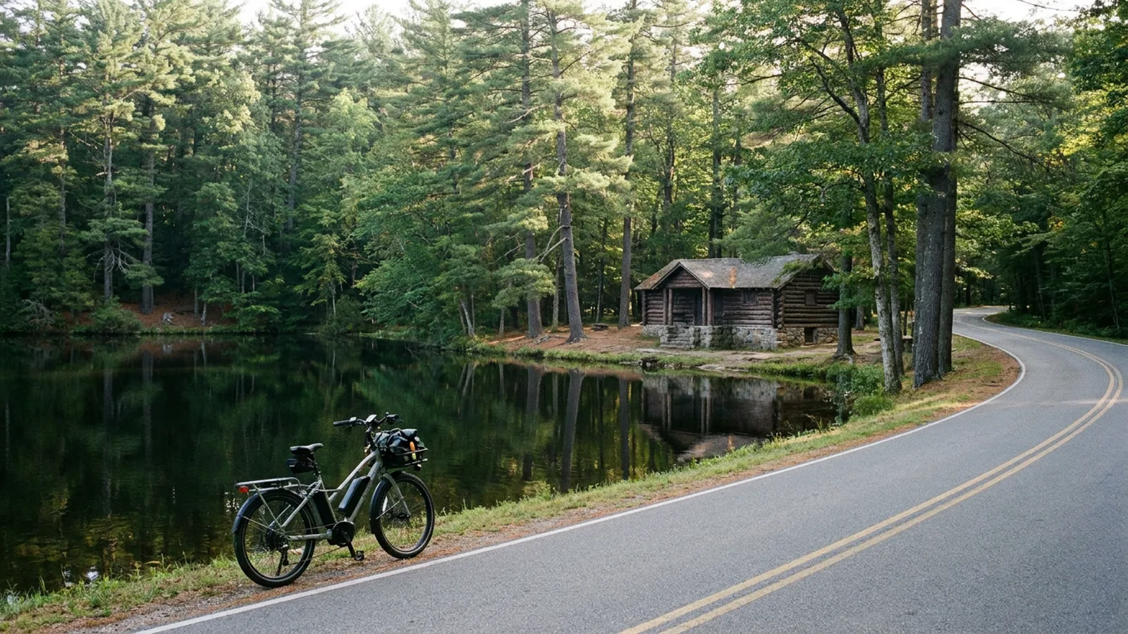 Electric bike on a paved park road beside a still dark lake ringed by tall pines with a rustic 1930s timber bathhouse on the shore