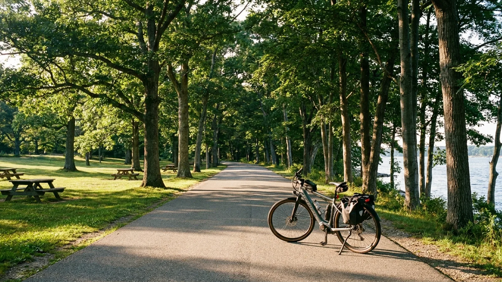 eBike on a shaded paved carriage road under mature trees in a Rhode Island state park with bay water beyond