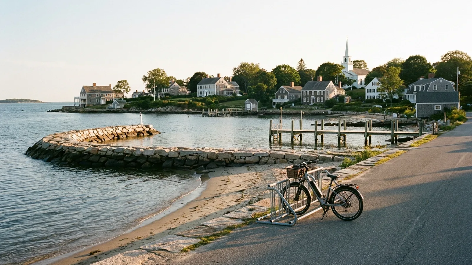 Electric bike at a rack on a bayside village waterfront with a stone breakwater and colonial houses in Rhode Island