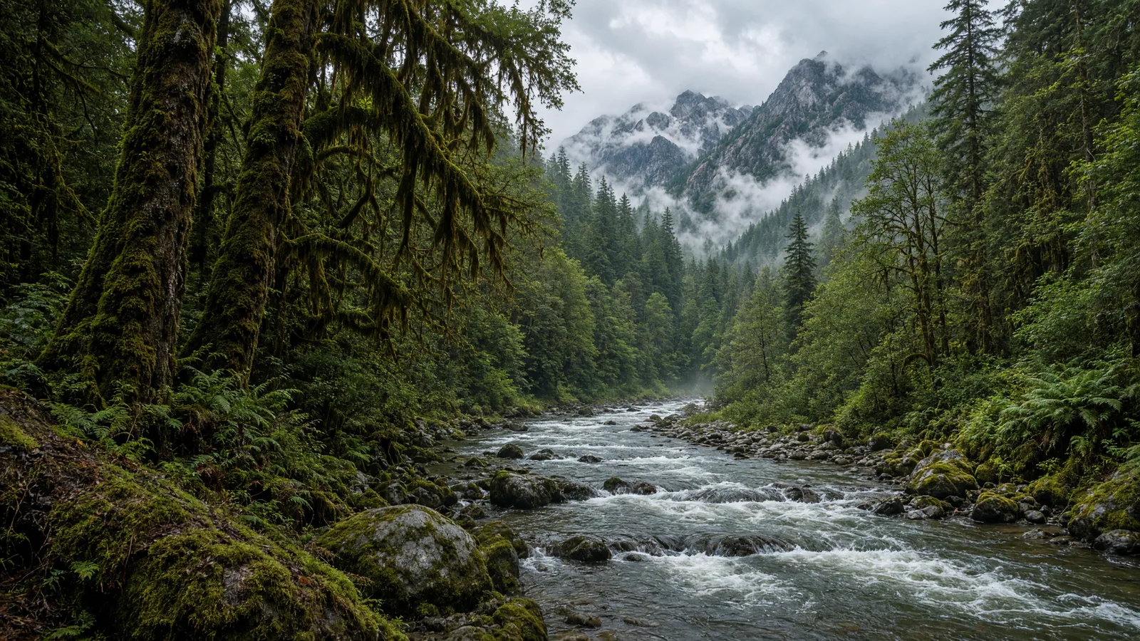 Olympic rainforest moss and mountain river, Washington