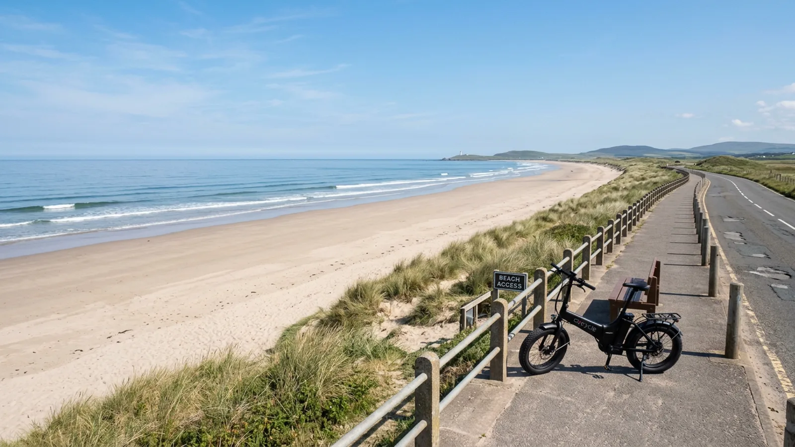 Electric bike at a seawall beside a wide flat Atlantic beach backed by low dunes with calm surf and a long sandy shoreline