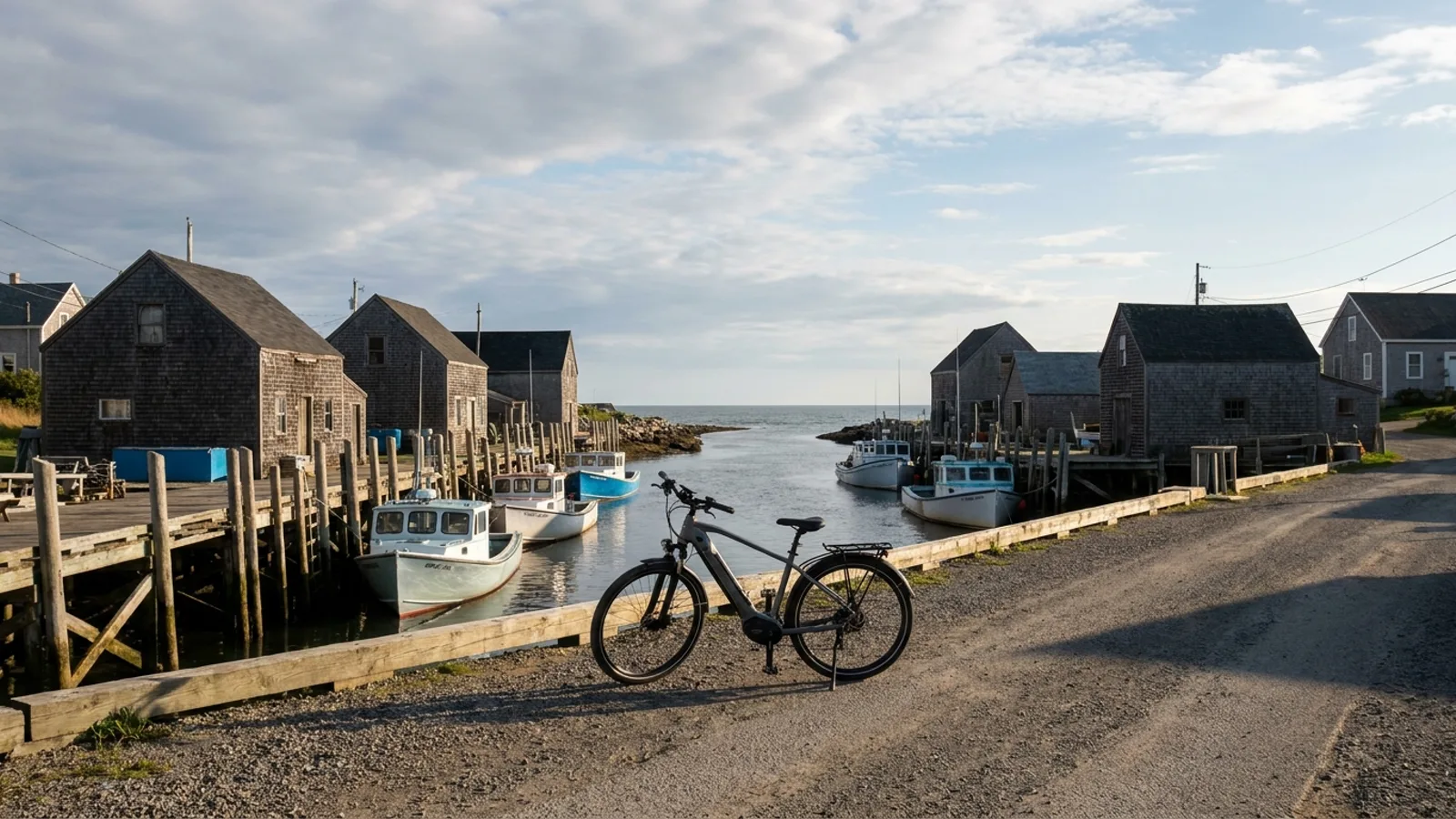 Electric bike on a dock road at a quiet coastal village harbour with wooden docks small fishing boats and shingled cottages