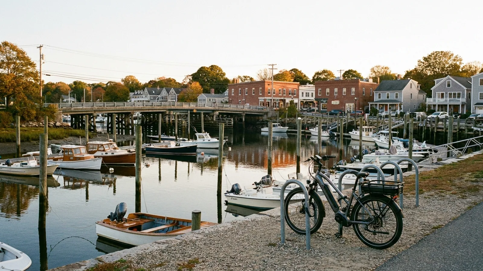 Electric bike at a rack beside a tidal river with moored boats and a low bridge in a New England town