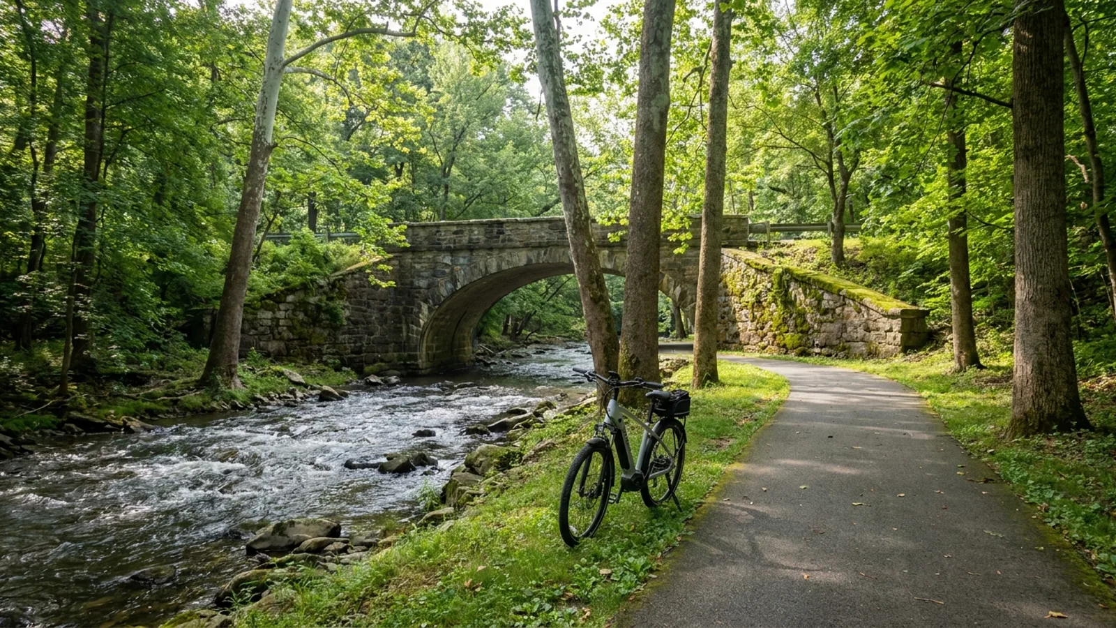 Electric bike on a paved creekside trail beneath tall trees with a stone arch bridge in Brandywine Park Wilmington Delaware
