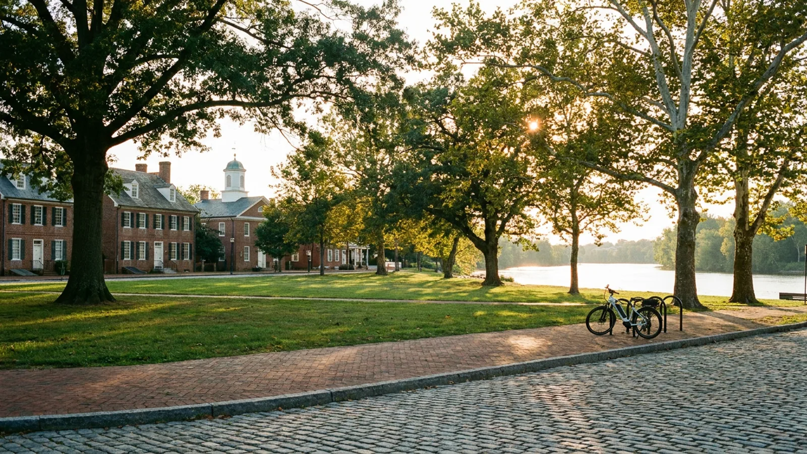 Electric bike at a rack beside a colonial riverfront town green with brick townhouses in New Castle Delaware