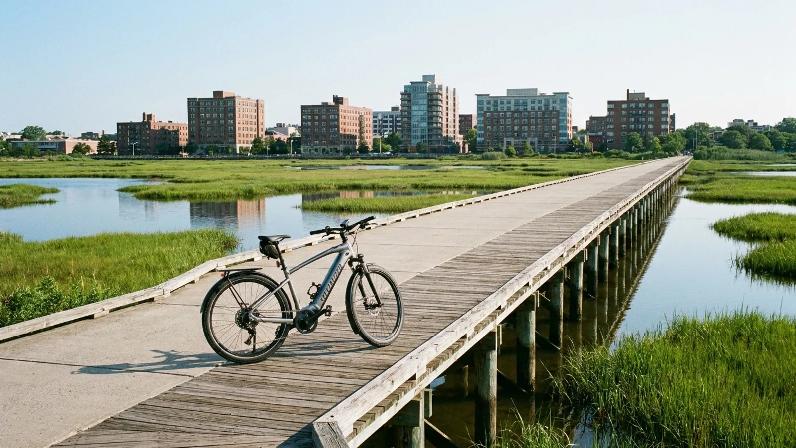 Electric bike on the elevated marsh boardwalk of the Jack A. Markell Trail with the Wilmington Delaware skyline behind