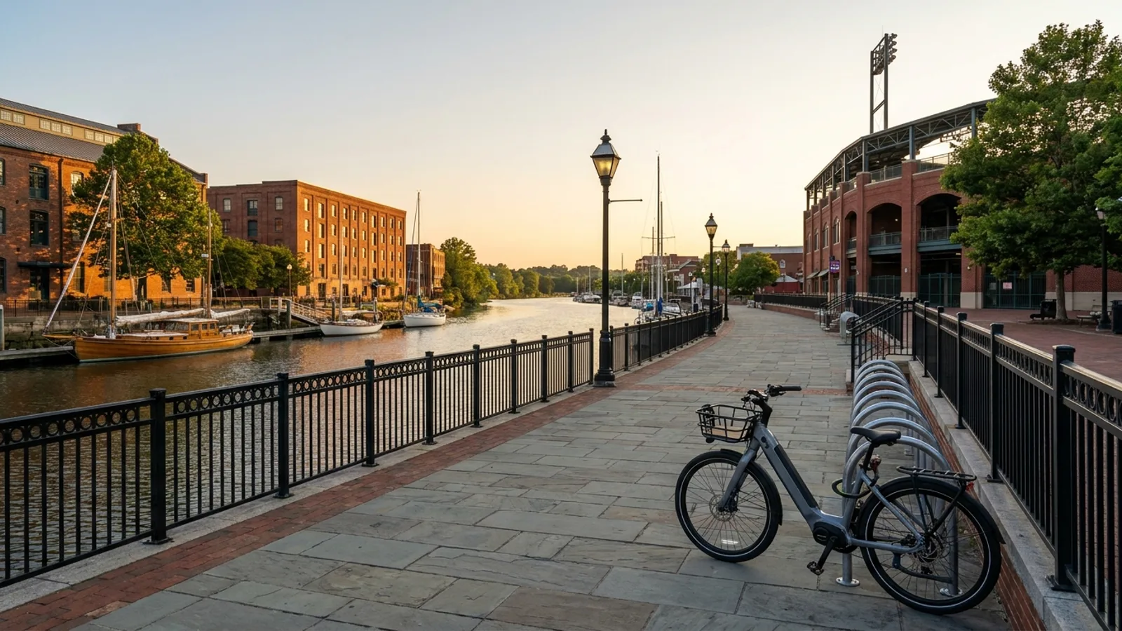 Electric bike at a rack on the paved Riverwalk promenade along the Christina River in Wilmington Delaware