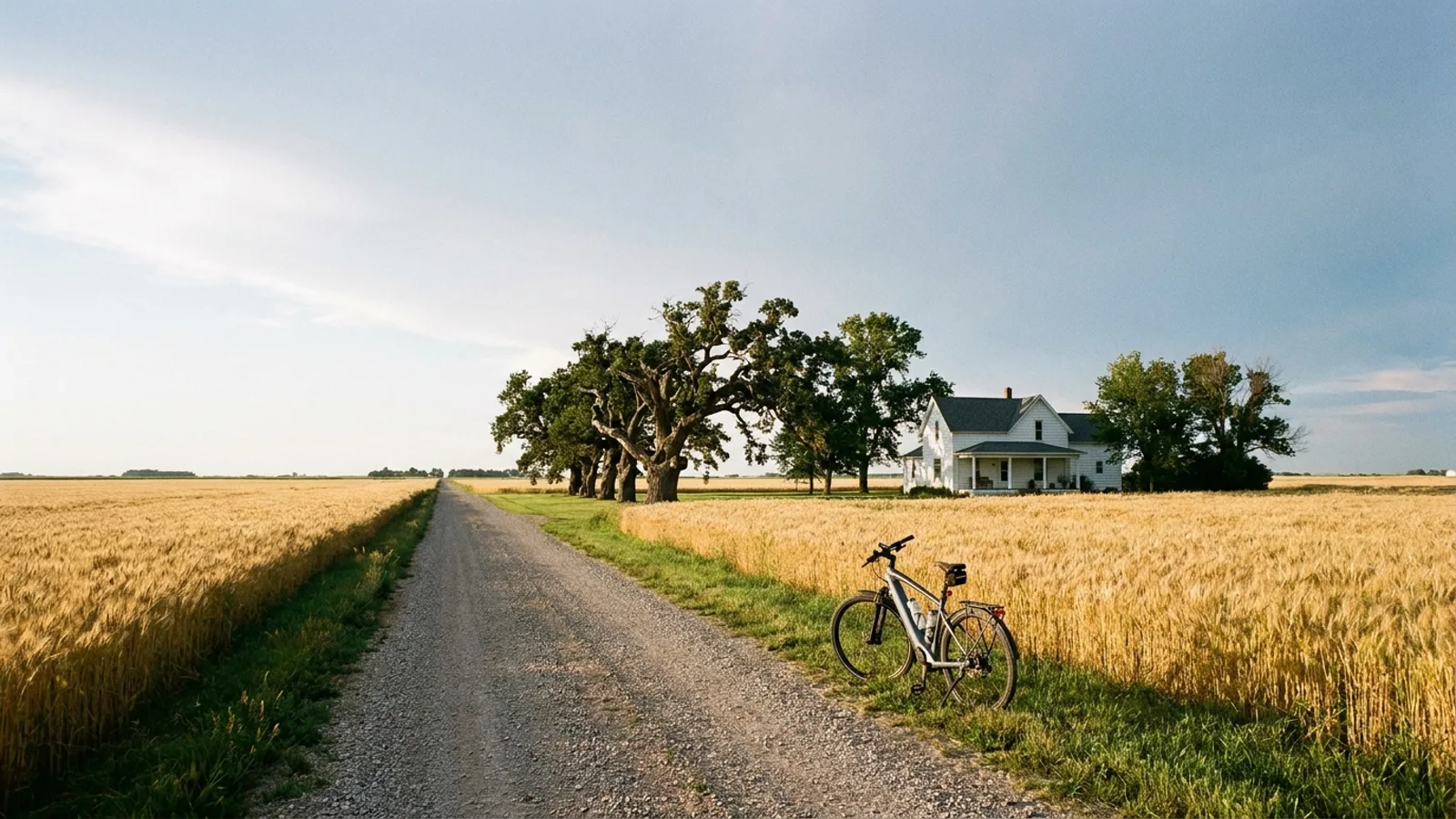 Electric bike parked at the roadside on a quiet flat country lane running between wide open crop fields with old shade trees and a white farmhouse