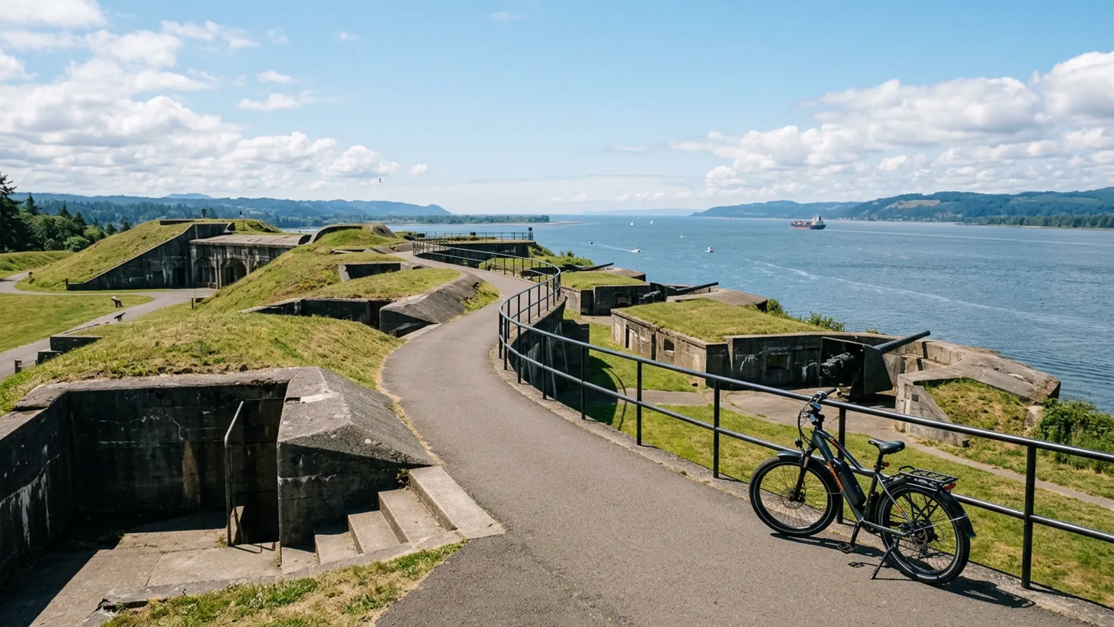 Electric bike on a paved path along the parapet of a late nineteenth-century concrete coastal artillery fort with grassy earth-covered battery emplacements above a very wide river