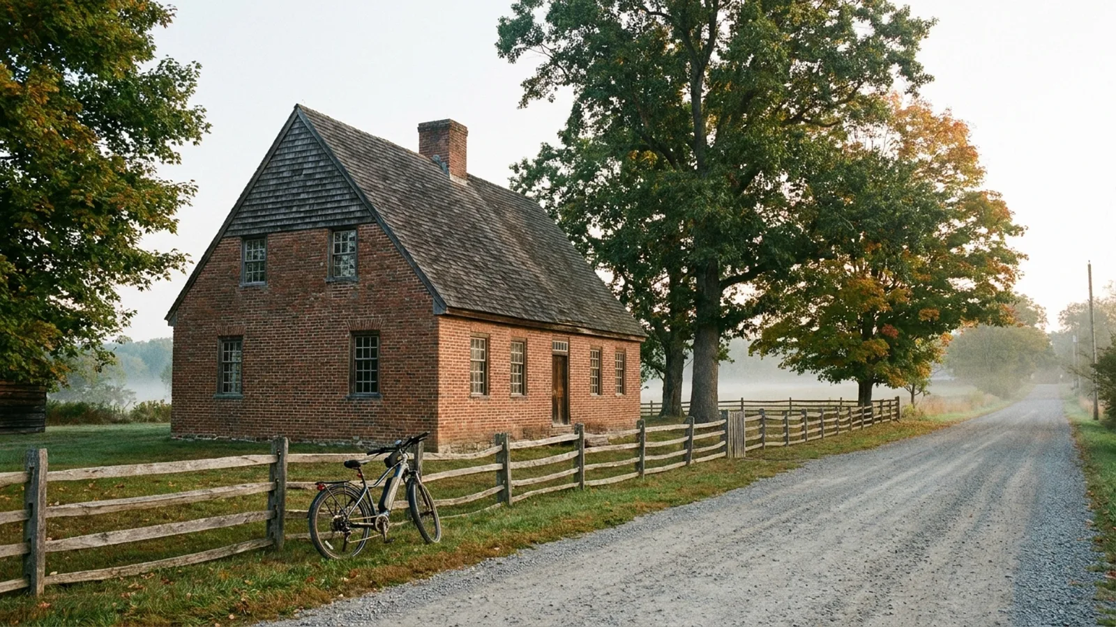 Electric bike at a split-rail fence beside a very old brick colonial house with a steep roof and small windows on a quiet country road