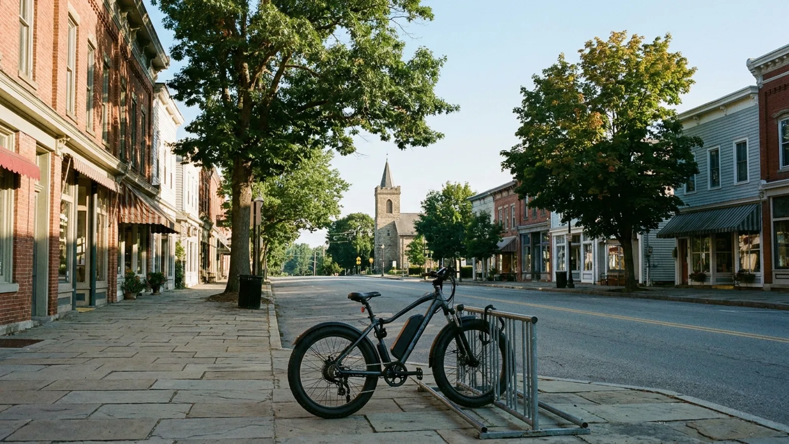 Electric bike at a rack on a small historic main street of brick and clapboard shopfronts in a rural county town with a low church tower at the end